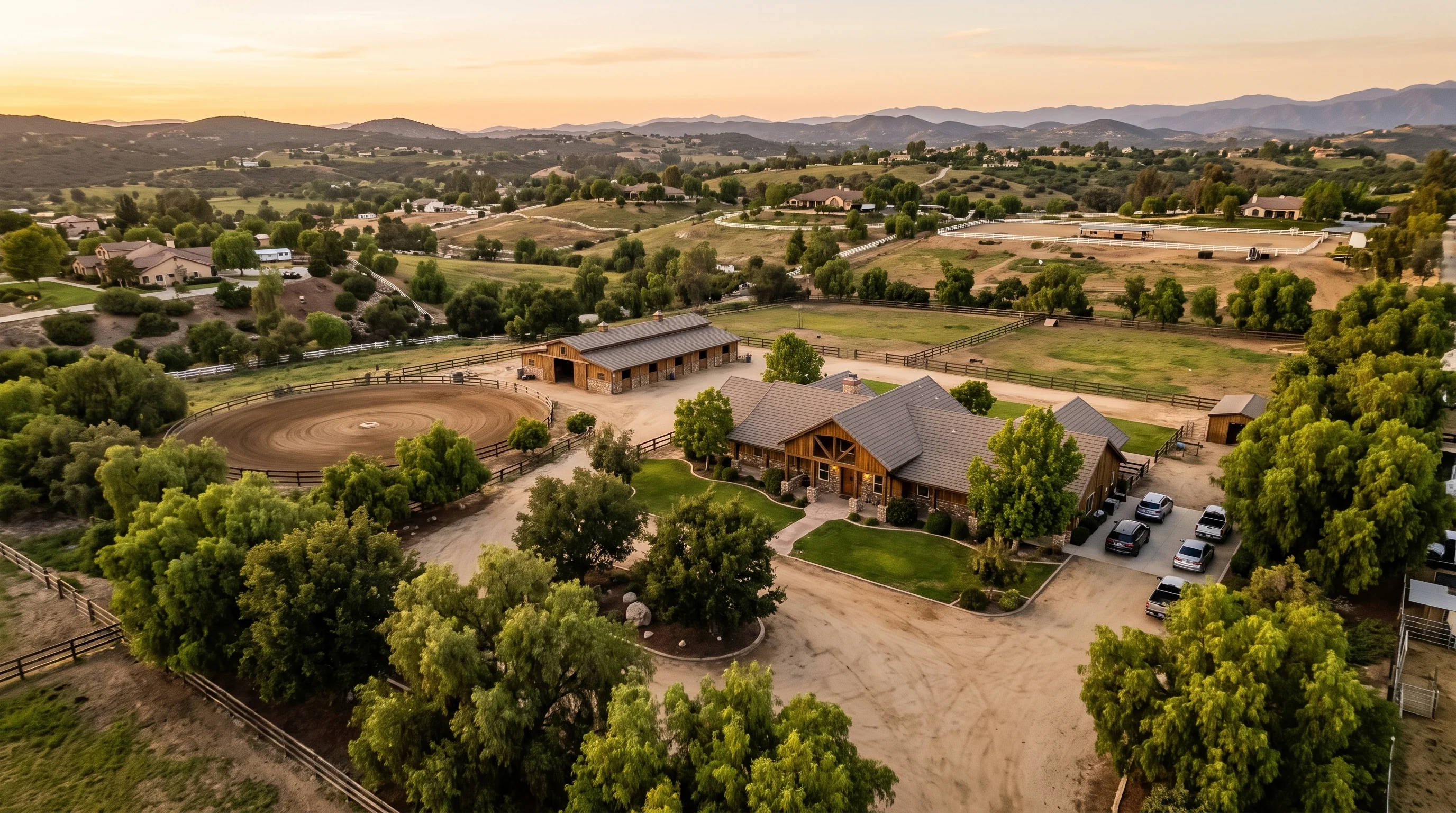 Conceptual aerial scene showing a ranch estate, gardens and an equestrian arena